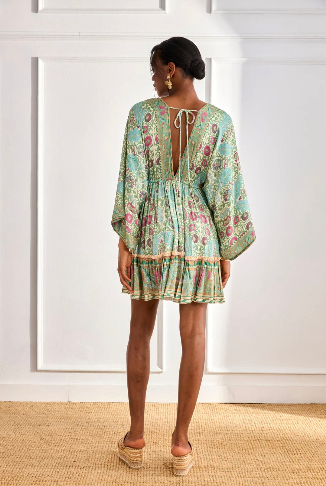 Nekane GF.GAIA Aqua Short Viscose Dress With Botanical Print And Japanese Sleeves