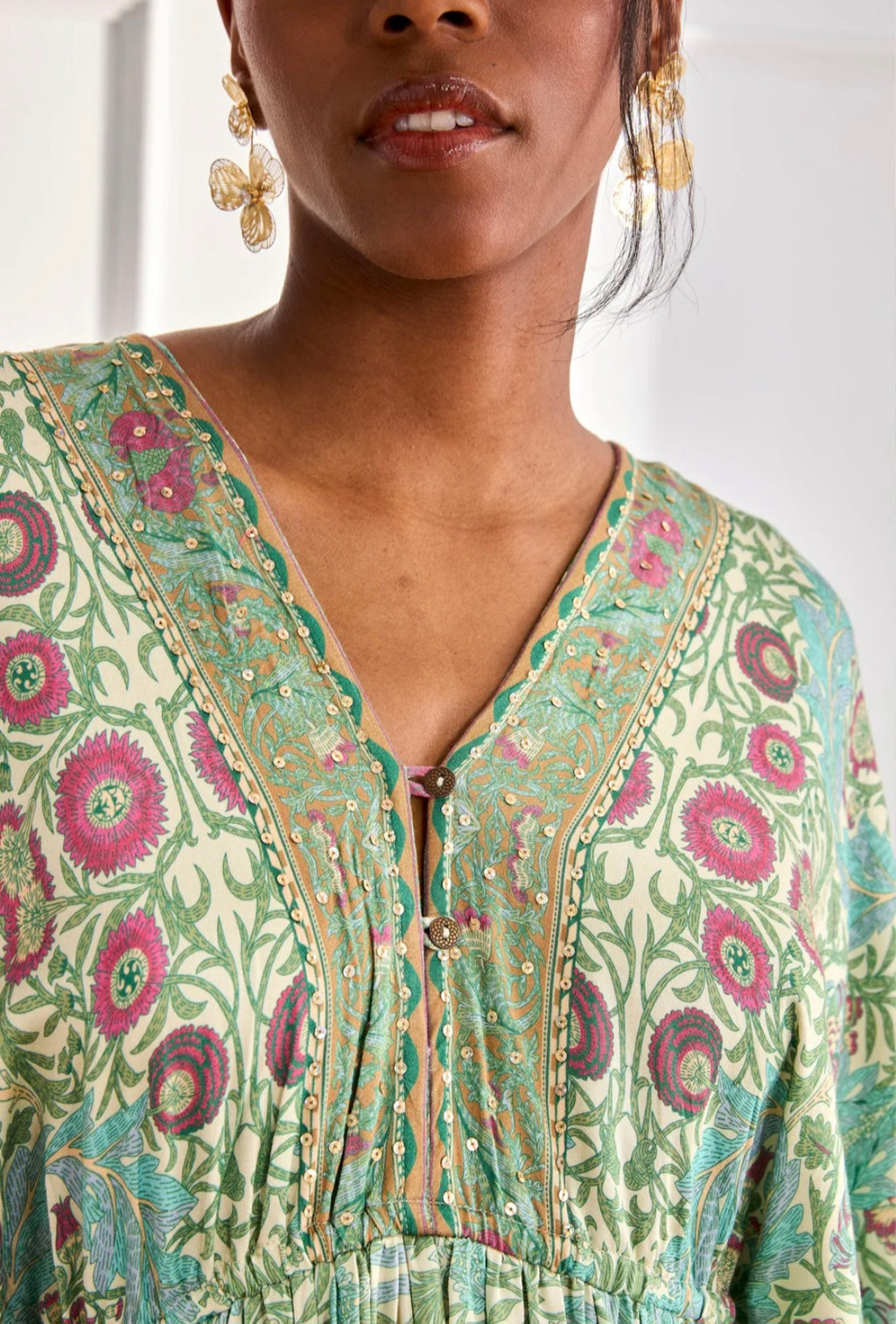 Nekane GF.GAIA Aqua Short Viscose Dress With Botanical Print And Japanese Sleeves