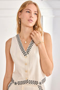 Nekane LX.POLIM Ivory Linen Vest With Embroidered Nekline And Hem
