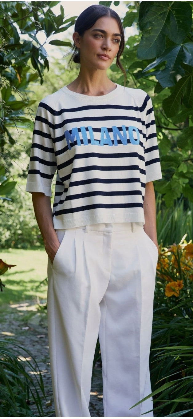 Milano Italy 9111  Round Neck Jumper 3/4 Sleeves With Horizontal Stripes