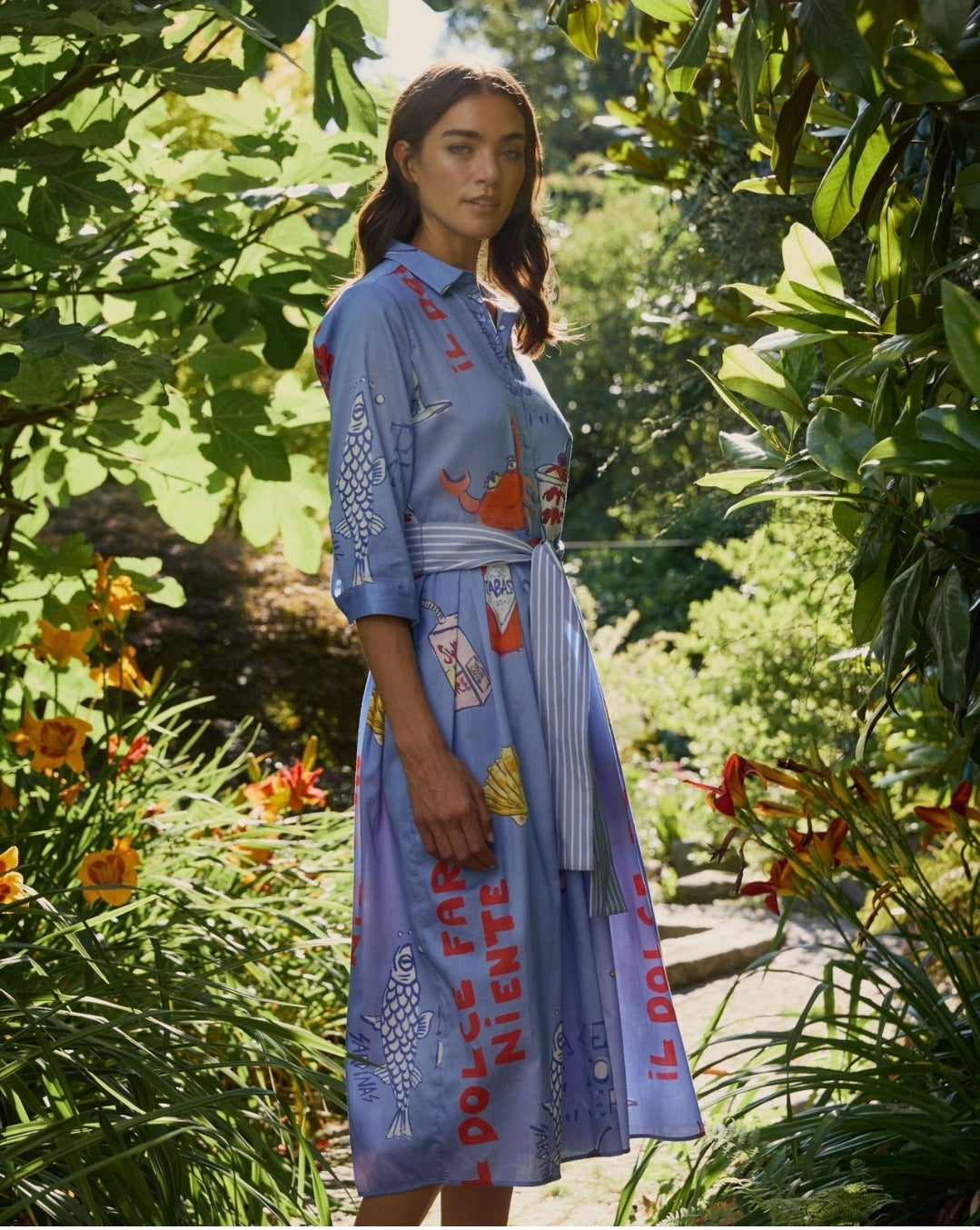 milano shirt dress Milano Italy 1371 Ocean Blue Print Shirt Dress With Wide Midi Skirt No55 Boutique