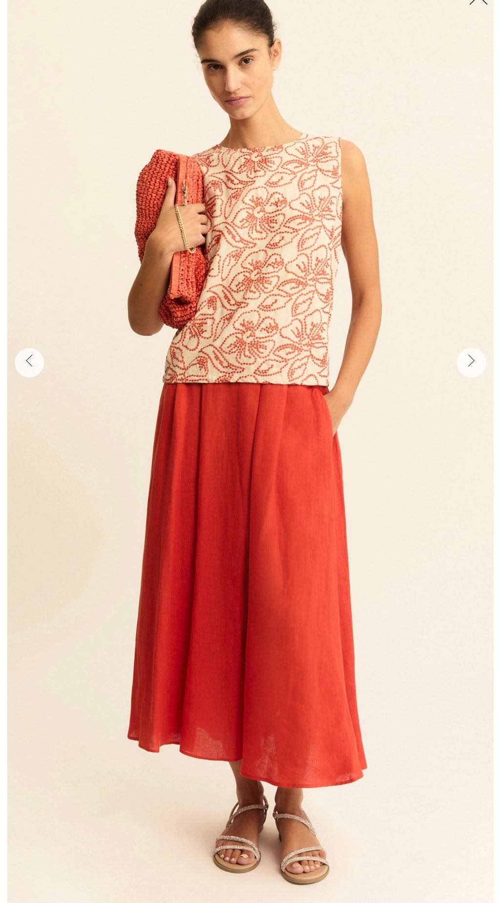 Emme 26151010822 Papaya Orange A Line Midi Linen Skirt