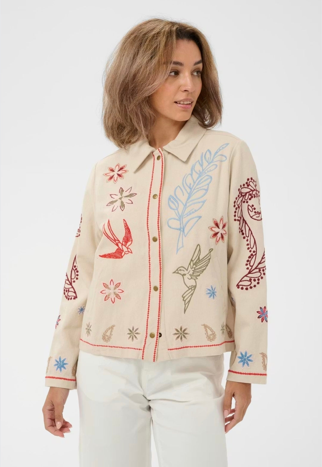 Cream 10614839 Embroidered Collared Button Front Jacket