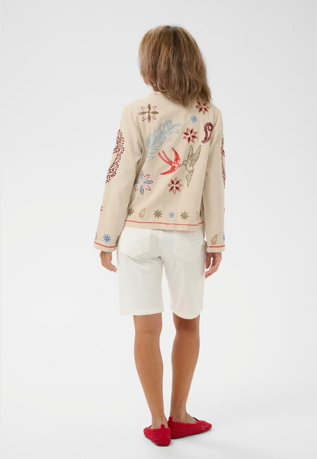 Cream 10614839 Embroidered Collared Button Front Jacket