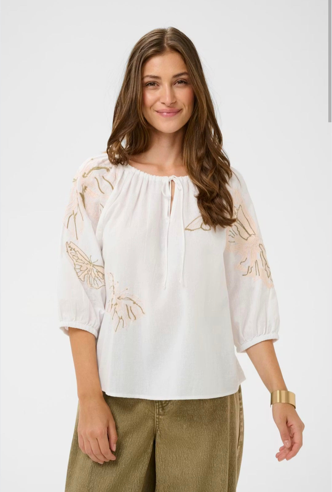 Cream 10614856 White Blouse Loose Fitting  3/4 sleeves