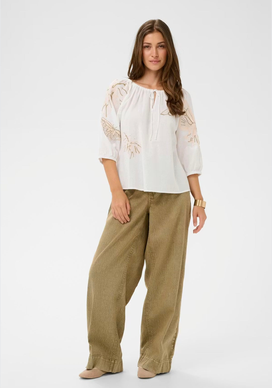 Cream 10614856 White Blouse Loose Fitting  3/4 sleeves