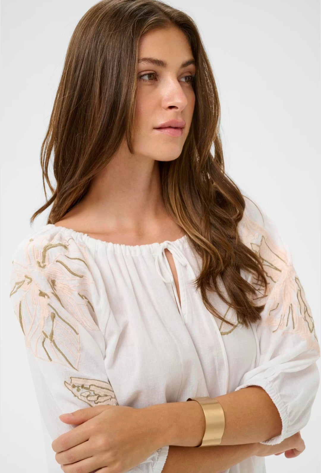 Cream 10614856 White Blouse Loose Fitting  3/4 sleeves