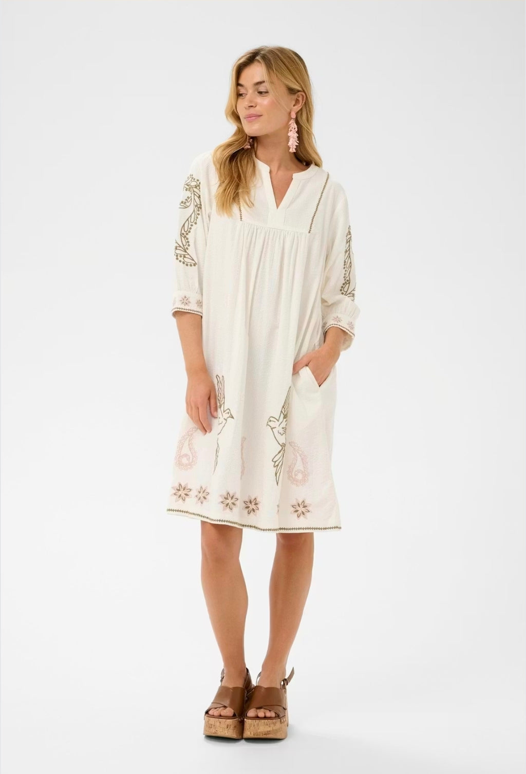 Cream 10614774 Cream Short Dress With Delicate Embroidery