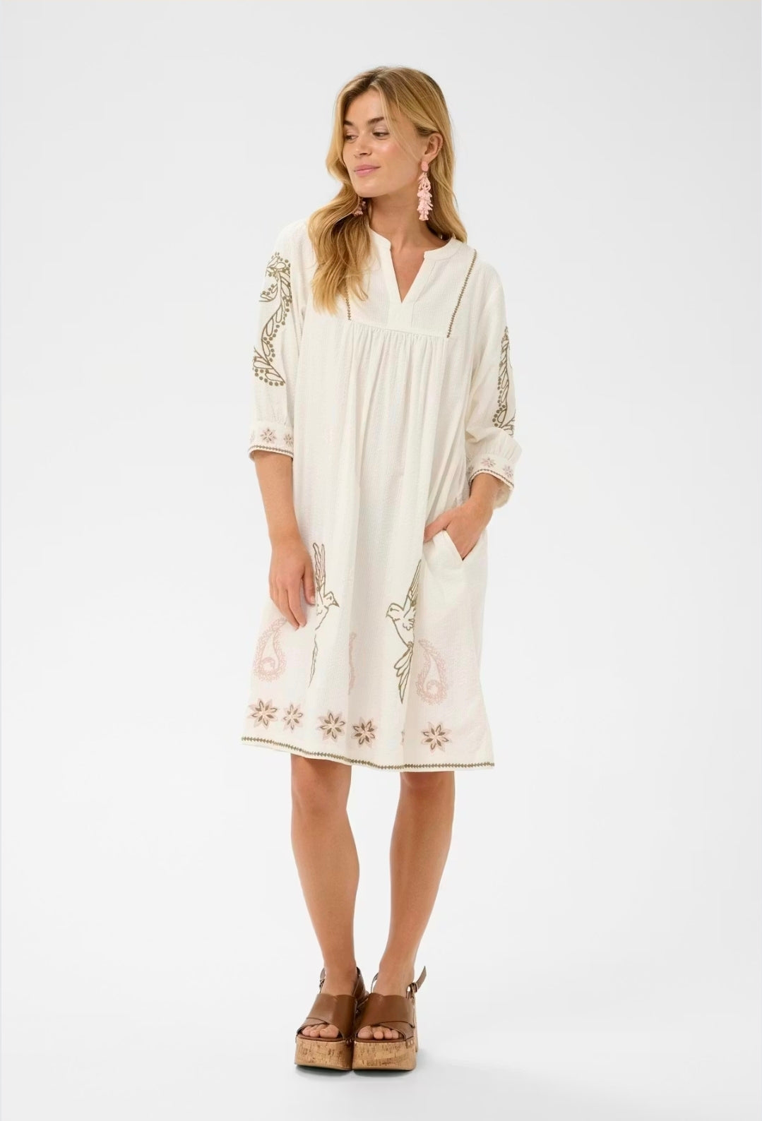 Cream 10614774 Cream Short Dress With Delicate Embroidery