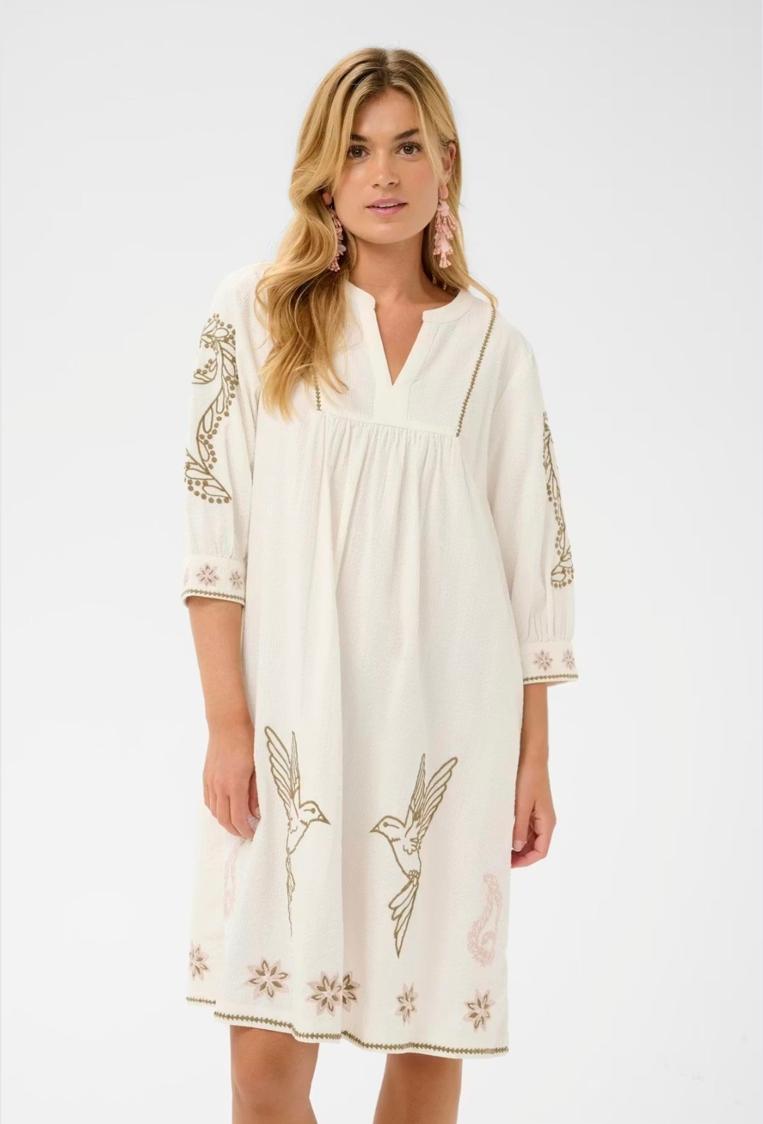 Cream 10614774 Cream Short Dress With Delicate Embroidery