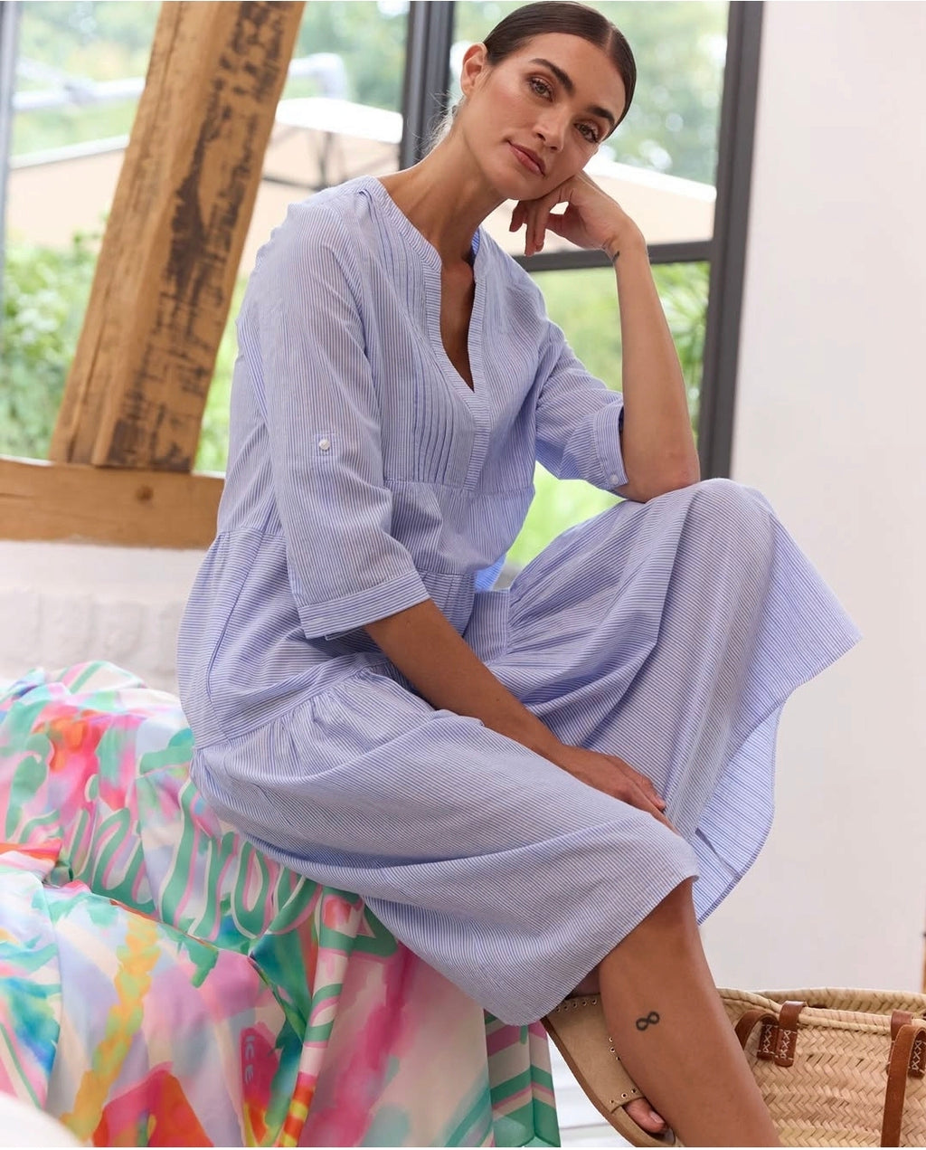 Milano Italy 6223551458 Blue Stripe Midi Dress With Ruffle And 3/4 Sleeves