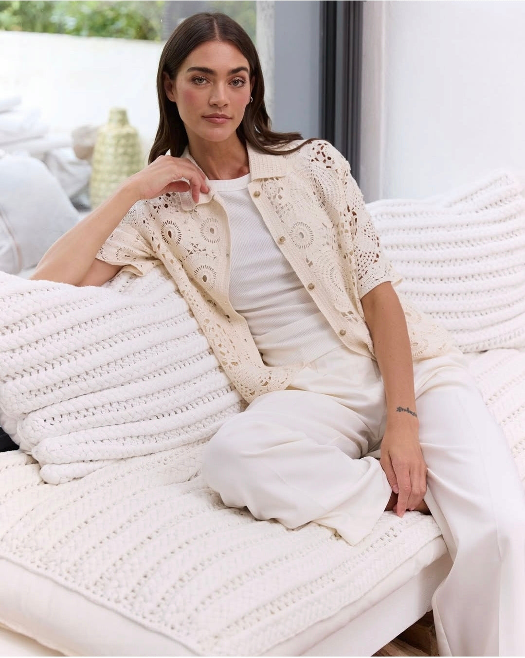 Milano Italy 62248 Sand Cotton Crochet Blouse With Wide Sleeves