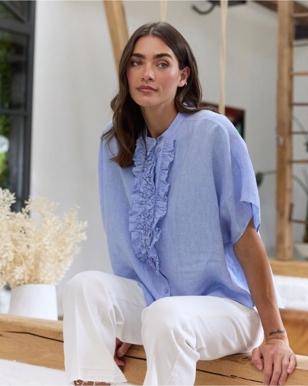Milano Italy 6230556099 Oversized 1/2 Sleeves Blouse With Stand Up Collar And Ruffled Placket