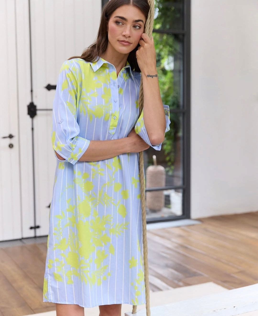 Milano Italy 6224385046 Blue And Yellow Cotton Shirt Dress With 3/4 Sleeves
