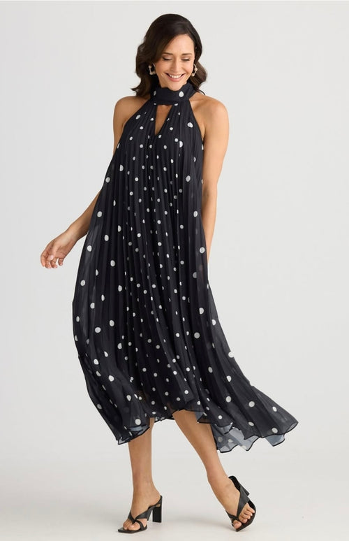 Brave & True BT25385 Inca Pleated Polka Dot Maxi Length With A-Line  Silhouette Black Dress