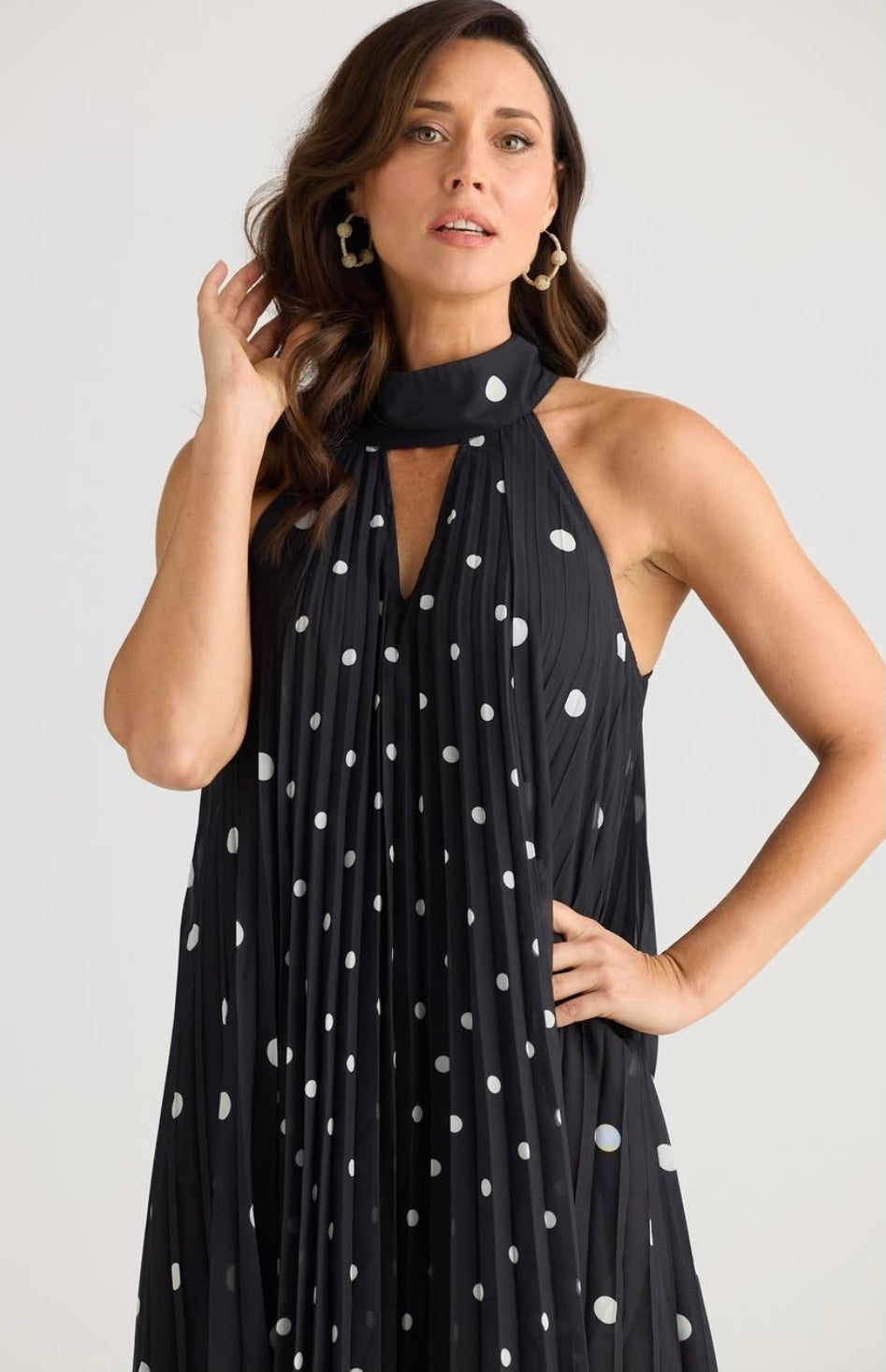 Brave & True BT25385 Inca Pleated Polka Dot Maxi Length With A-Line  Silhouette Black Dress