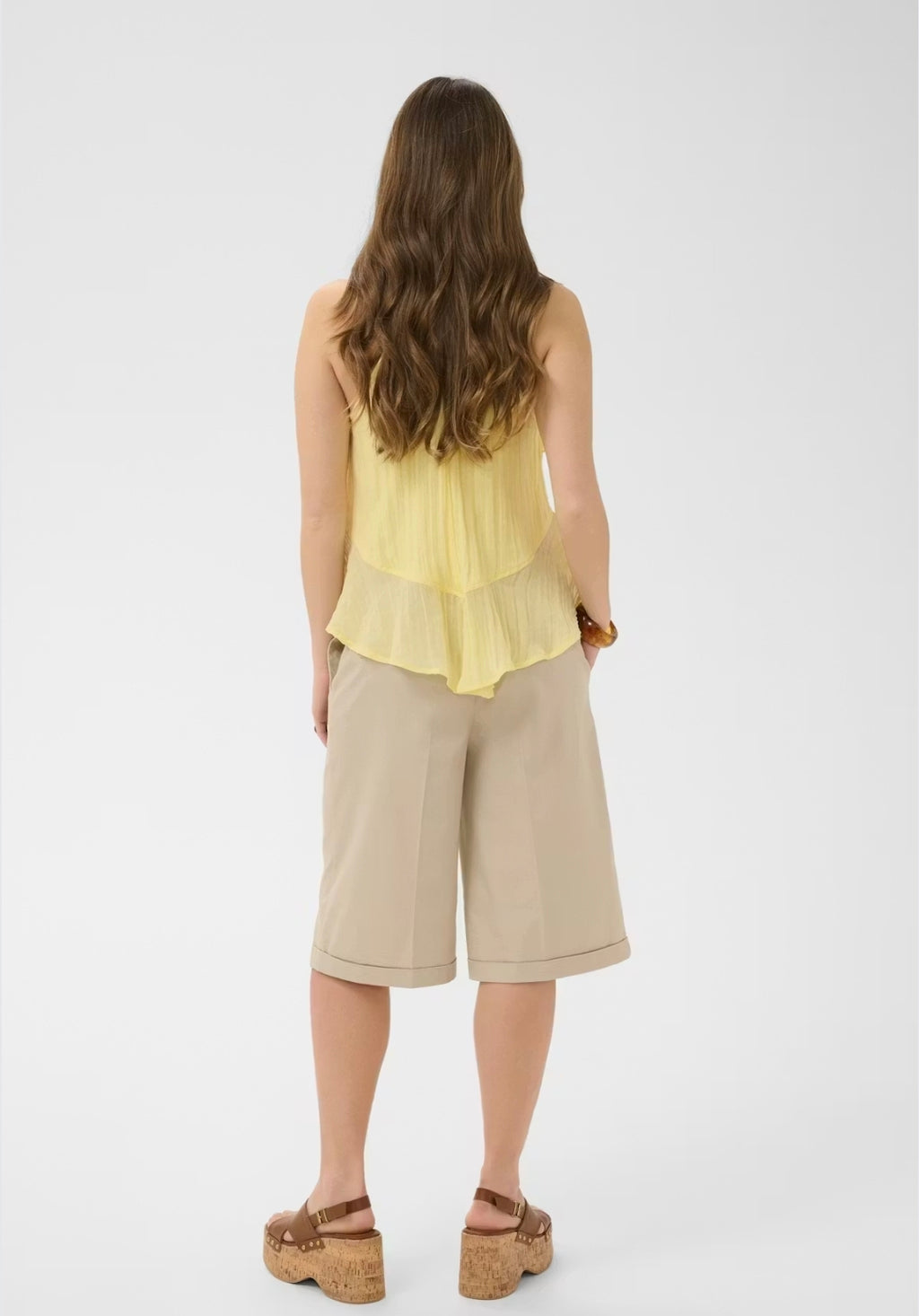 Cream 10615012 Lemon Yellow Sleeveless Frill Top
