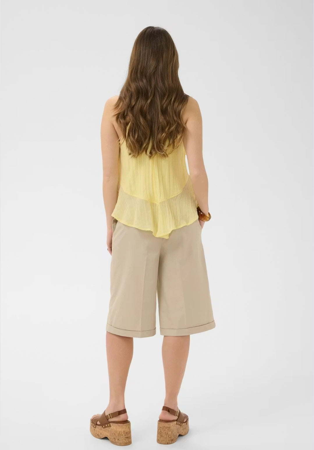 Cream 10615012 Lemon Yellow Sleeveless Frill Top