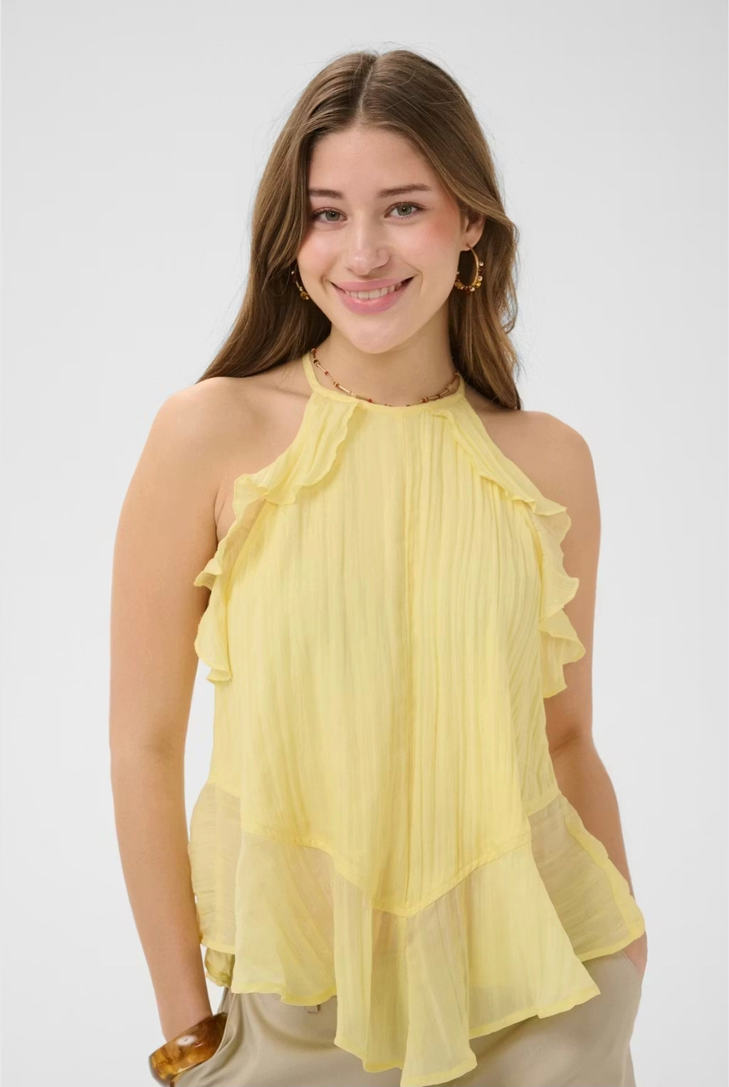 Cream 10615012 Lemon Yellow Sleeveless Frill Top