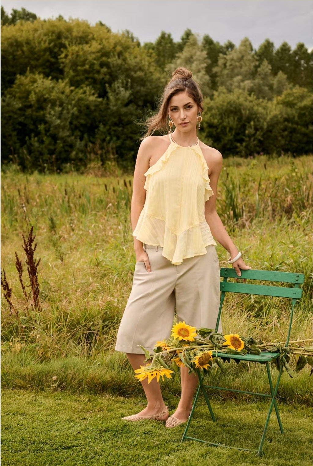 Cream 10615012 Lemon Yellow Sleeveless Frill Top