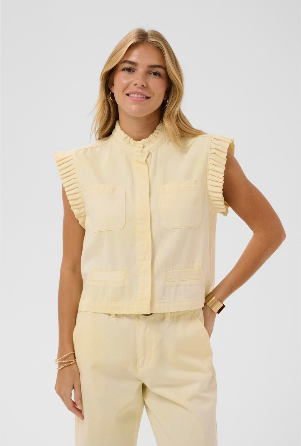 Cream 10615089 Lemon Yellow Waistcoat With Short Frill Sleeves