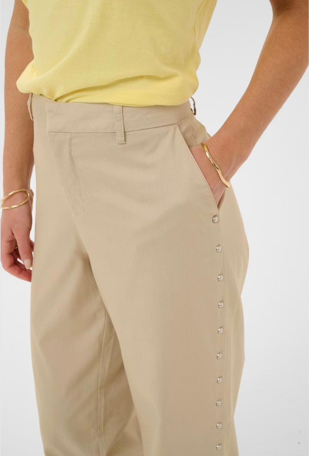 Cream 10615038 Stone Color Straight Leg Trouser With Studs