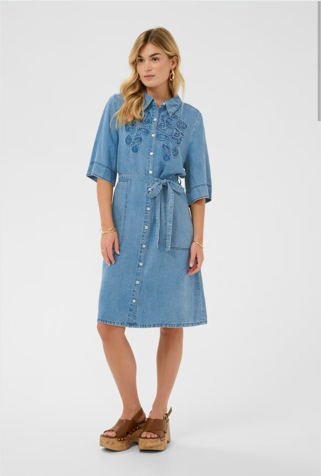 Cream 10614849 Light Blue Denim Short Sleeve Collar Dress Button Down the Front Tie Waist