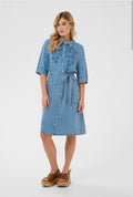 Cream 10614849 Light Blue Denim Short Sleeve Collar Dress Button Down the Front Tie Waist