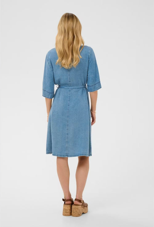 Cream 10614849 Light Blue Denim Short Sleeve Collar Dress Button Down the Front Tie Waist