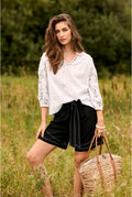 Cream 10615060 Snow White V Neck 100% Cotton Long Sleeve Blouse