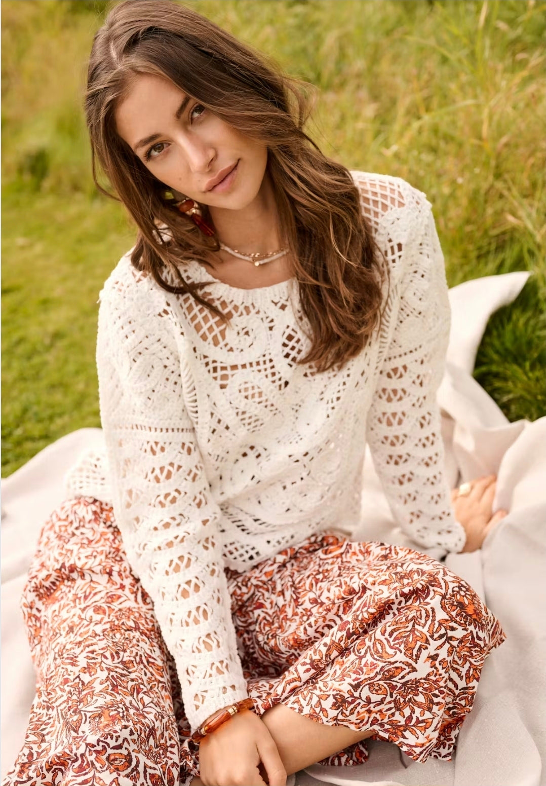 Cream 10615094 Snow White Long Sleeve Crochet Jumper