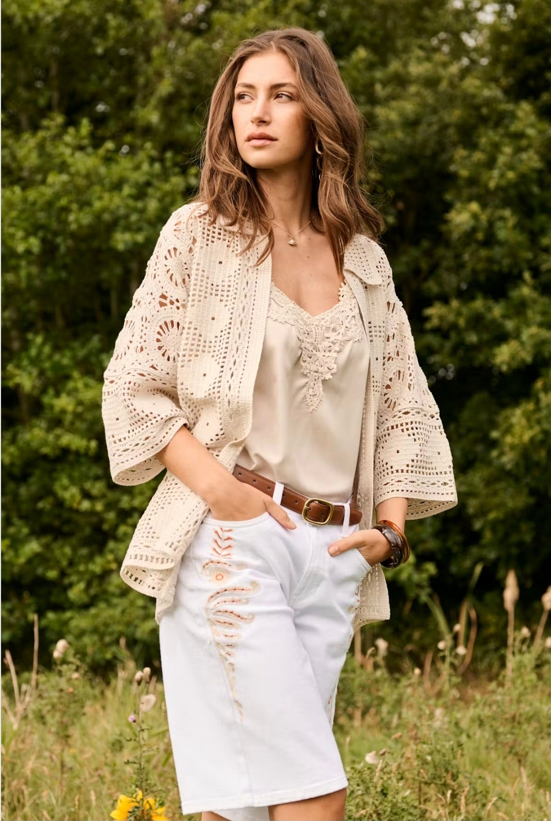 Cream 10615019 Beige 3/4 Sleeve Crochet Knitted Cardigan
