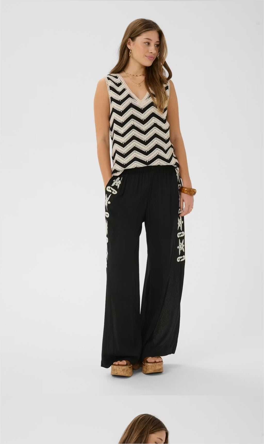 Cream 10615017 Pitch Black Trouser With White Side Embroidery