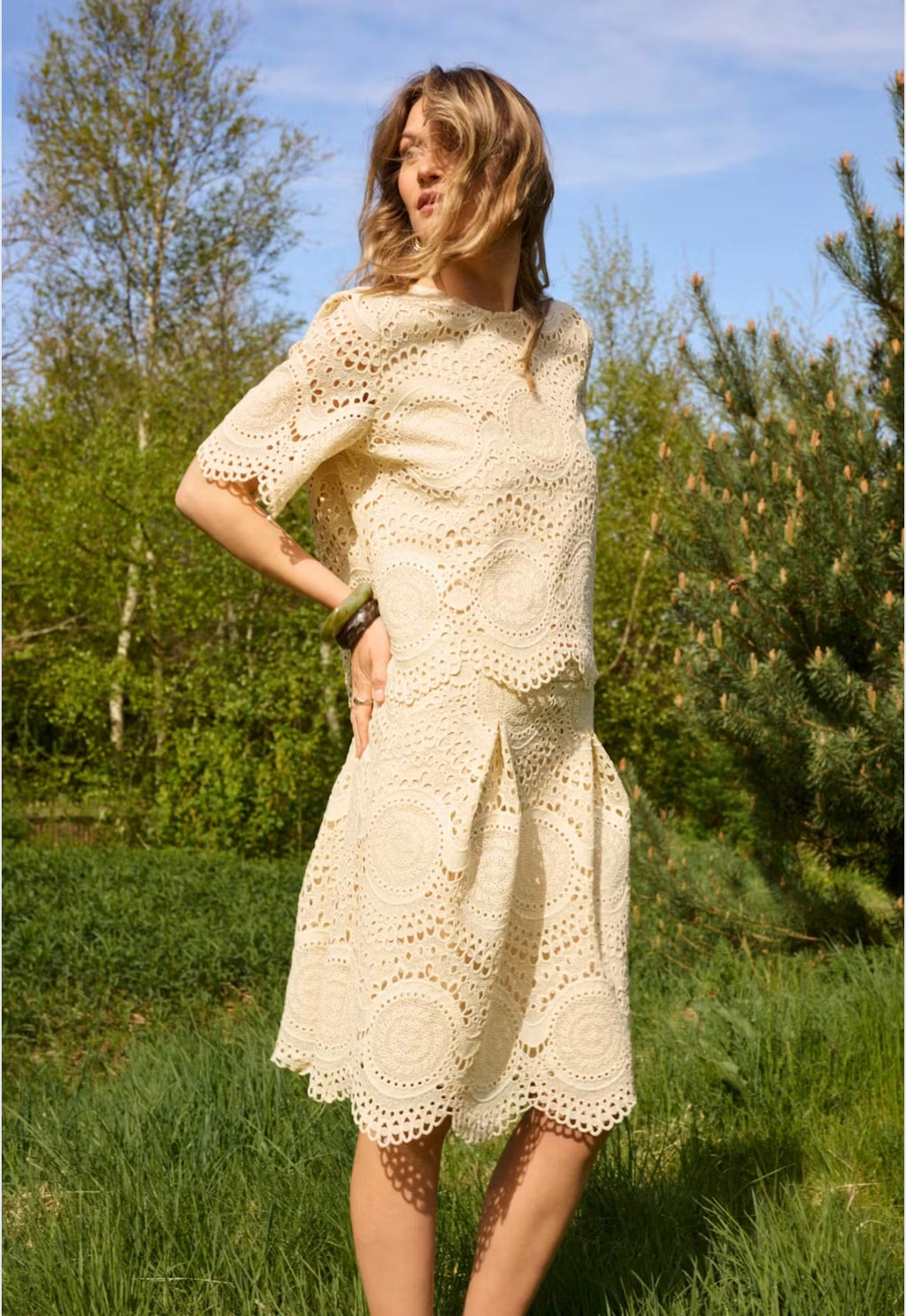 Cream 10615150 Broderie Anglais Cream Scalloped Hem Line Skirt