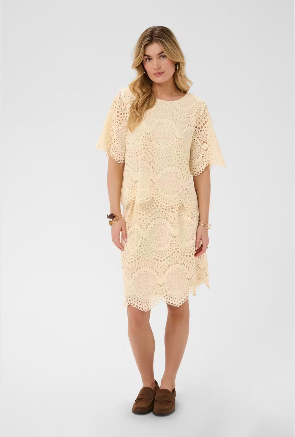 Cream 10615150 Broderie Anglais Cream Scalloped Hem Line Skirt