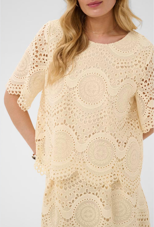 Cream 10615184 Broderie Anglais  Cream Short Sleeves Blouse With Scalloped Hem