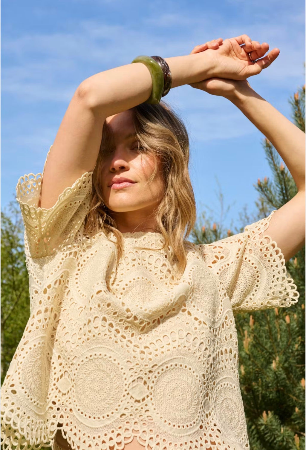 Cream 10615184 Broderie Anglais  Cream Short Sleeves Blouse With Scalloped Hem