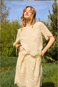 Cream 10615184 Broderie Anglais  Cream Short Sleeves Blouse With Scalloped Hem