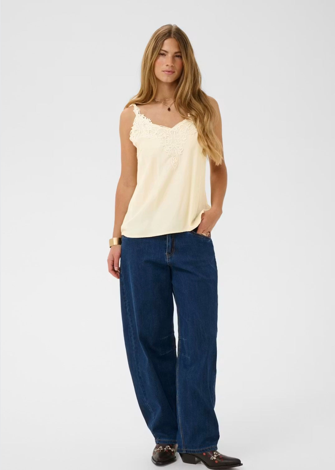 Cream 10611224 Spaghetti Strap Top With Lace Trim