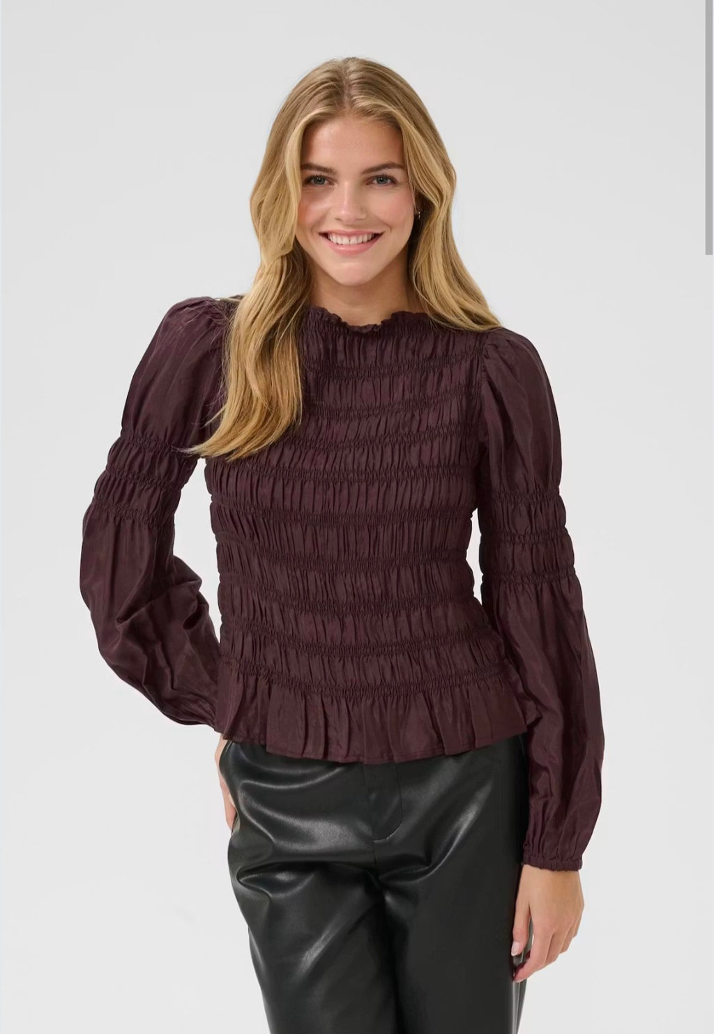 Cream 10607869 Chocolate Brown Slip On Feminine Blouse With Long Bishop Sleeves