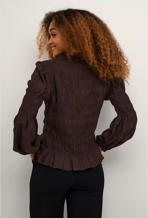 Cream 10607869 Chocolate Brown Slip On Feminine Blouse With Long Bishop Sleeves