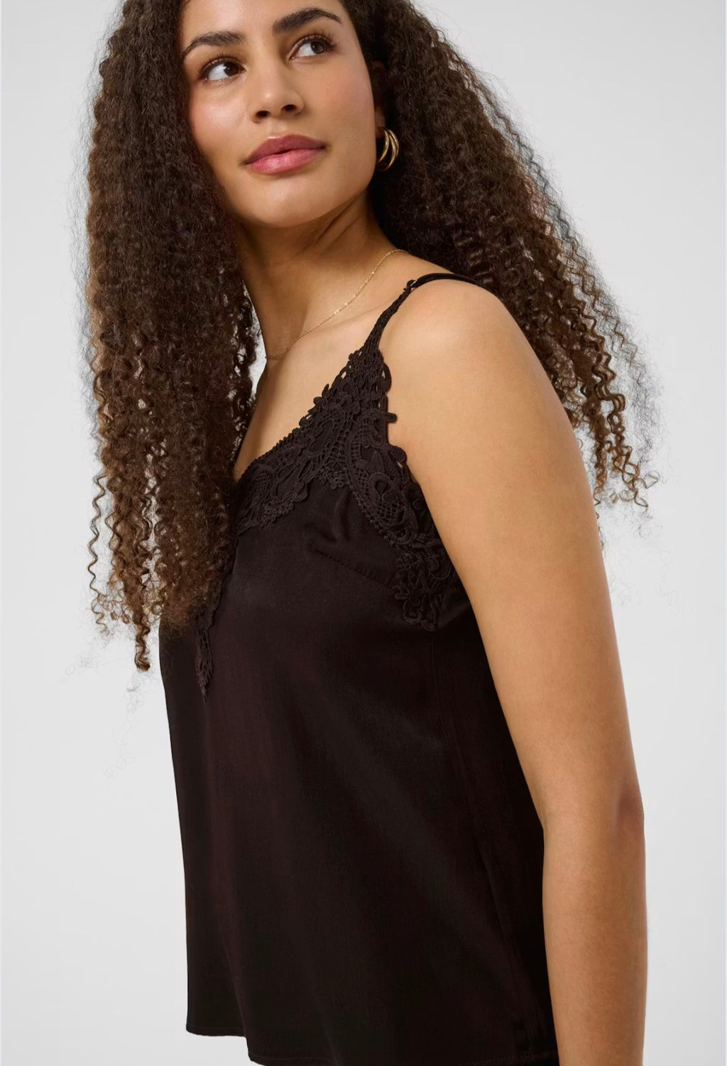 Cream 10611224 Spaghetti Strap Top With Lace Trim
