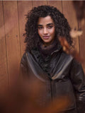 Noen 86299 Real Leather Dark Brown Frill Neck Shirt Jacket