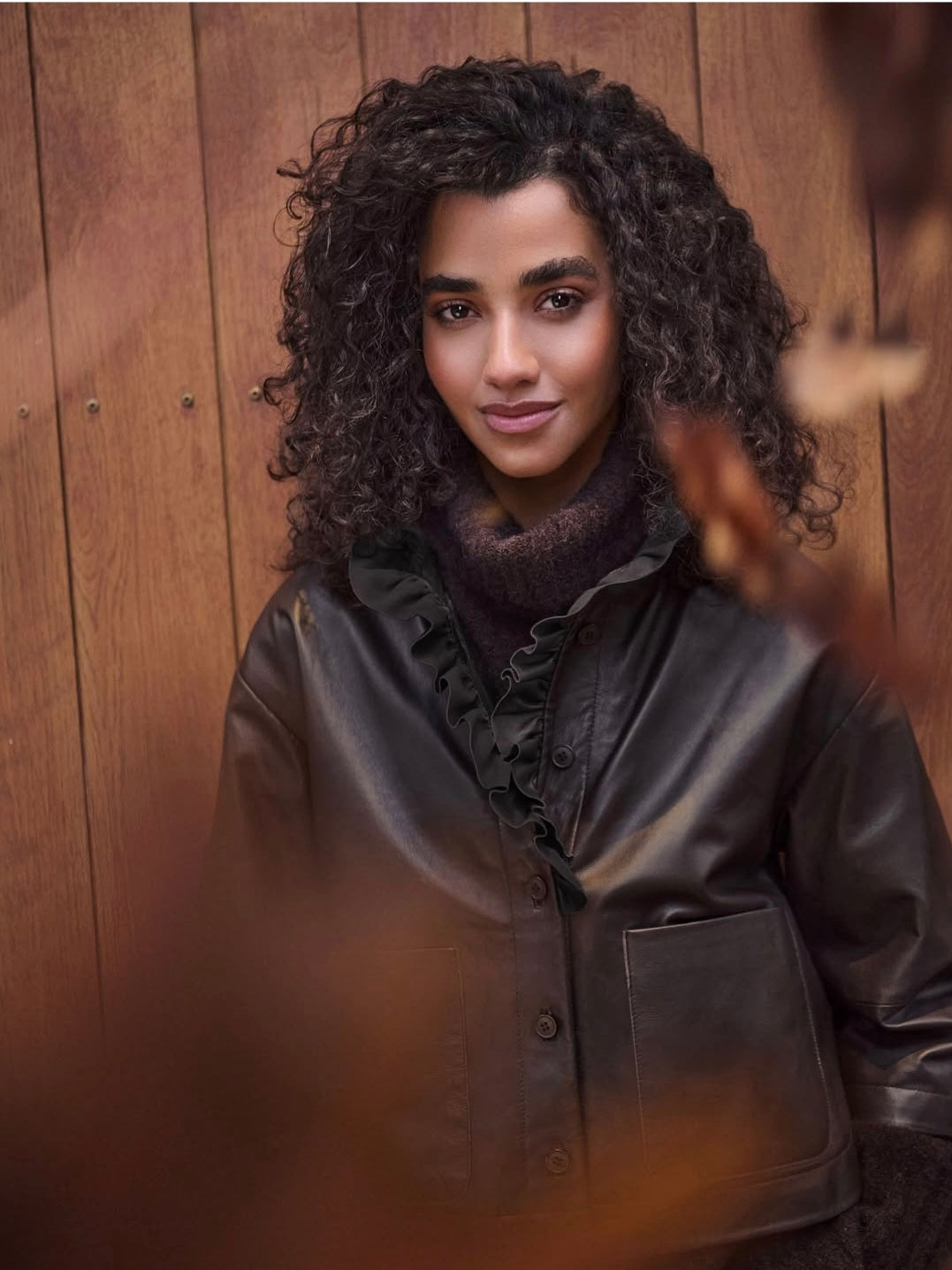 Noen 86299 Real Leather Dark Brown Frill Neck Shirt Jacket