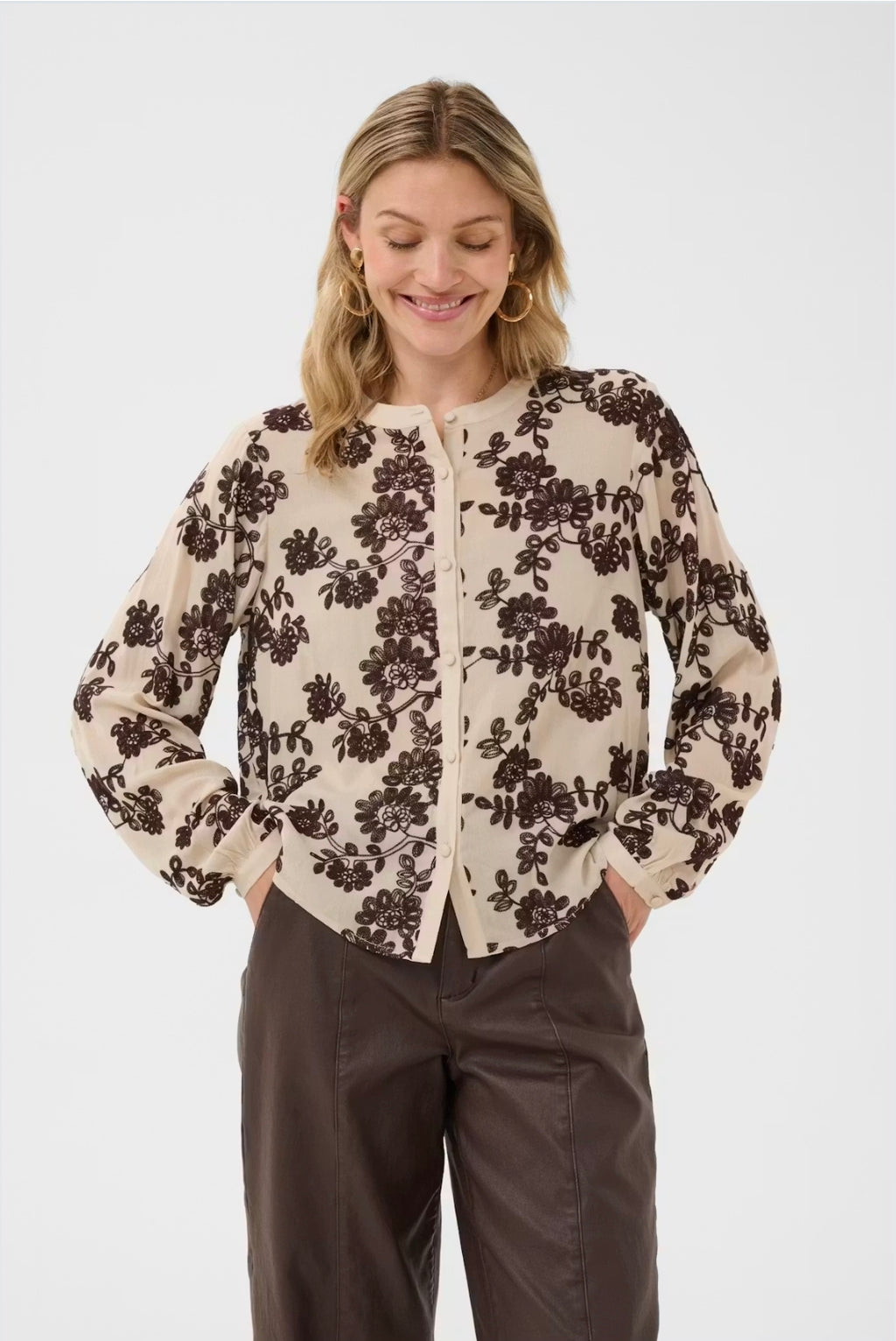 Cream 10615333 Cream Color Ruby Blouse With Long Sleeves