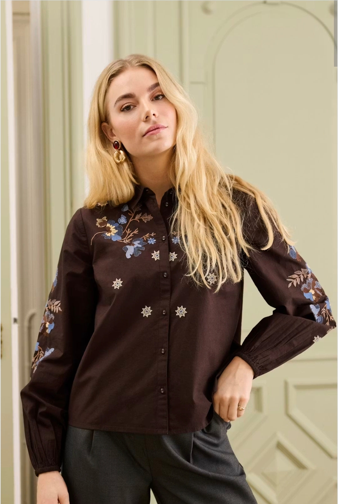Cream 10615302 Peona Dark Brown Embroidered Shirt With Collar And Long Sleeves