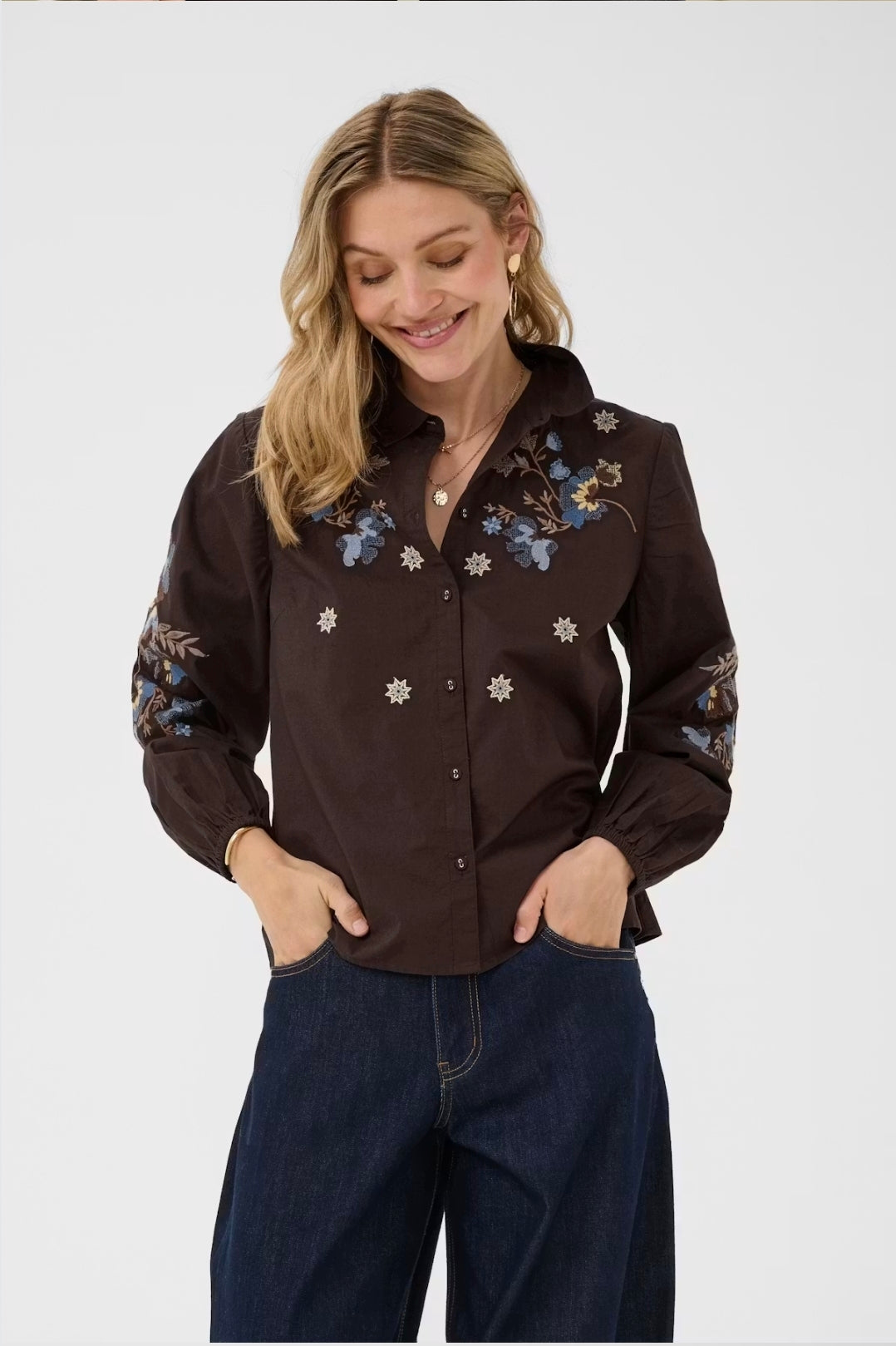 Cream 10615302 Peona Dark Brown Embroidered Shirt With Collar And Long Sleeves