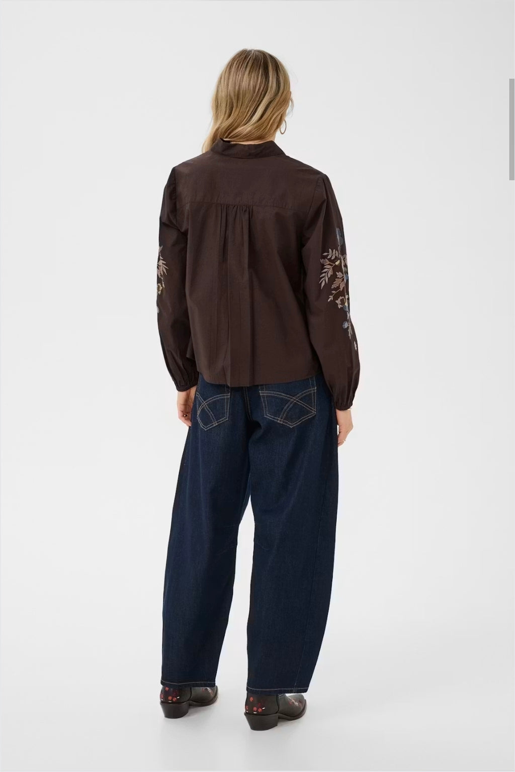 Cream 10615302 Peona Dark Brown Embroidered Shirt With Collar And Long Sleeves