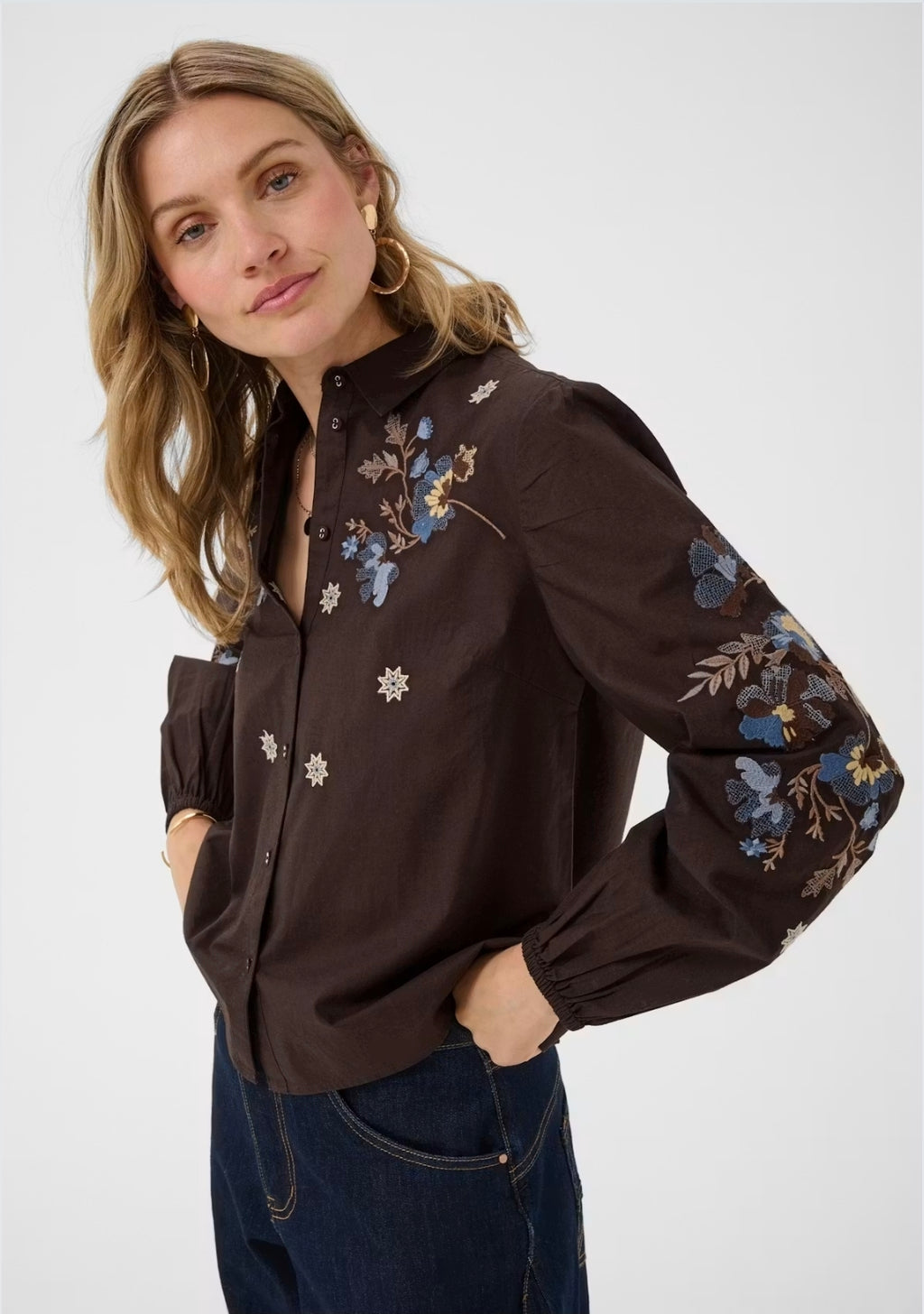 Cream 10615302 Peona Dark Brown Embroidered Shirt With Collar And Long Sleeves