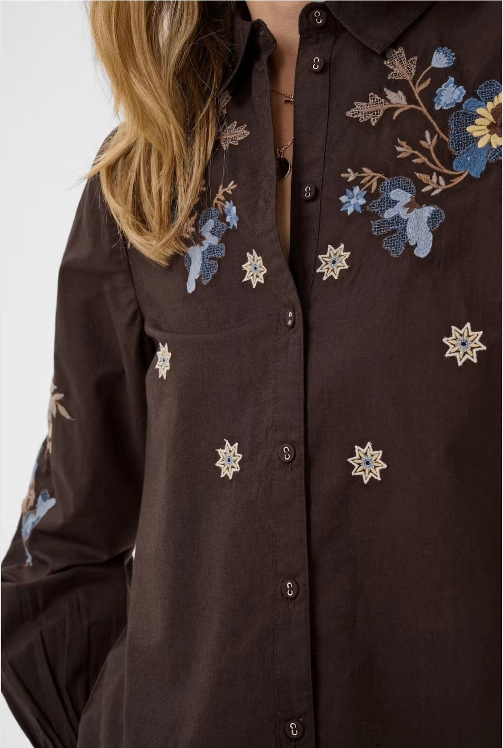 Cream 10615302 Peona Dark Brown Embroidered Shirt With Collar And Long Sleeves